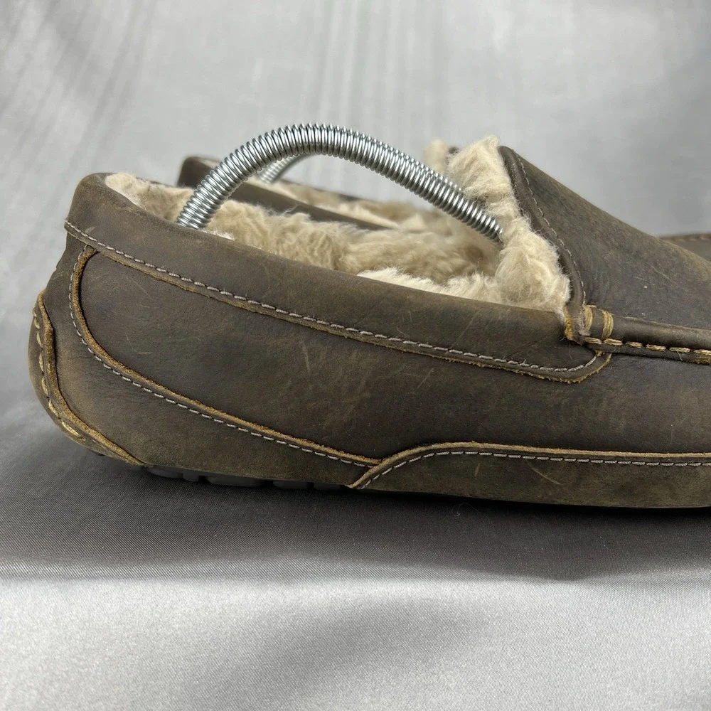 UGG Ascot Leather Wool Slippers Loafers Men's 12 Dark Brown‎ Driving S/N 1103889